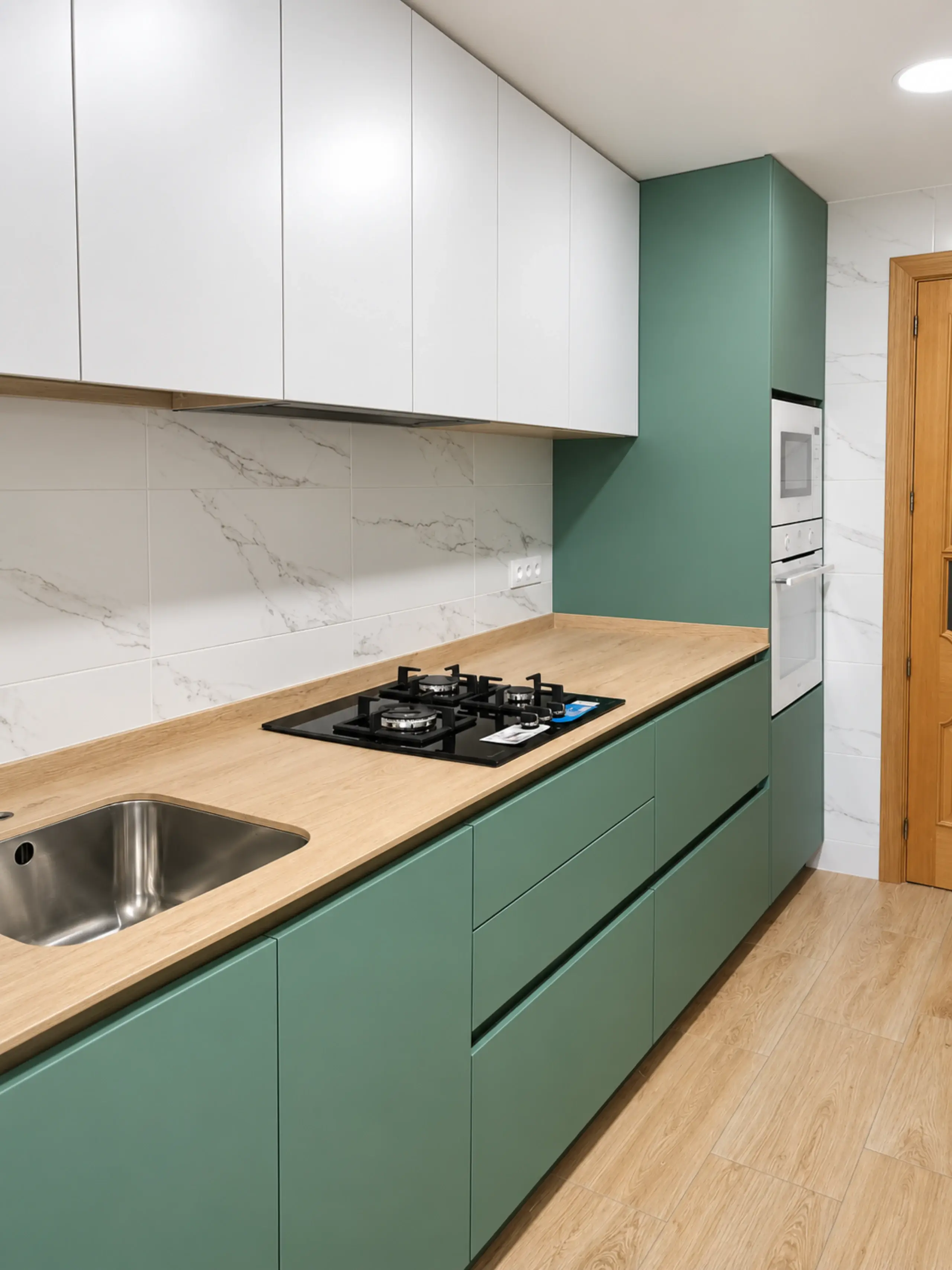 Frente en verde con encimera de madera, placa de gas y muebles altos blancos