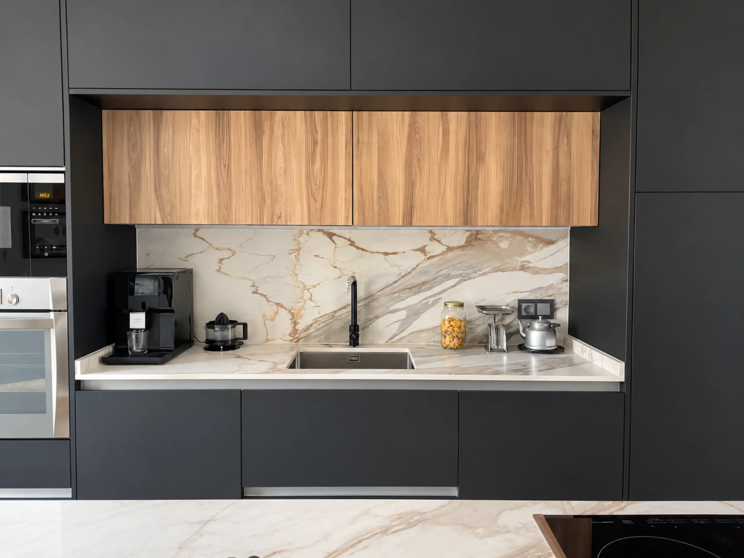Muebles altos de madera entre columnas negras, con frontal de efecto mármol
