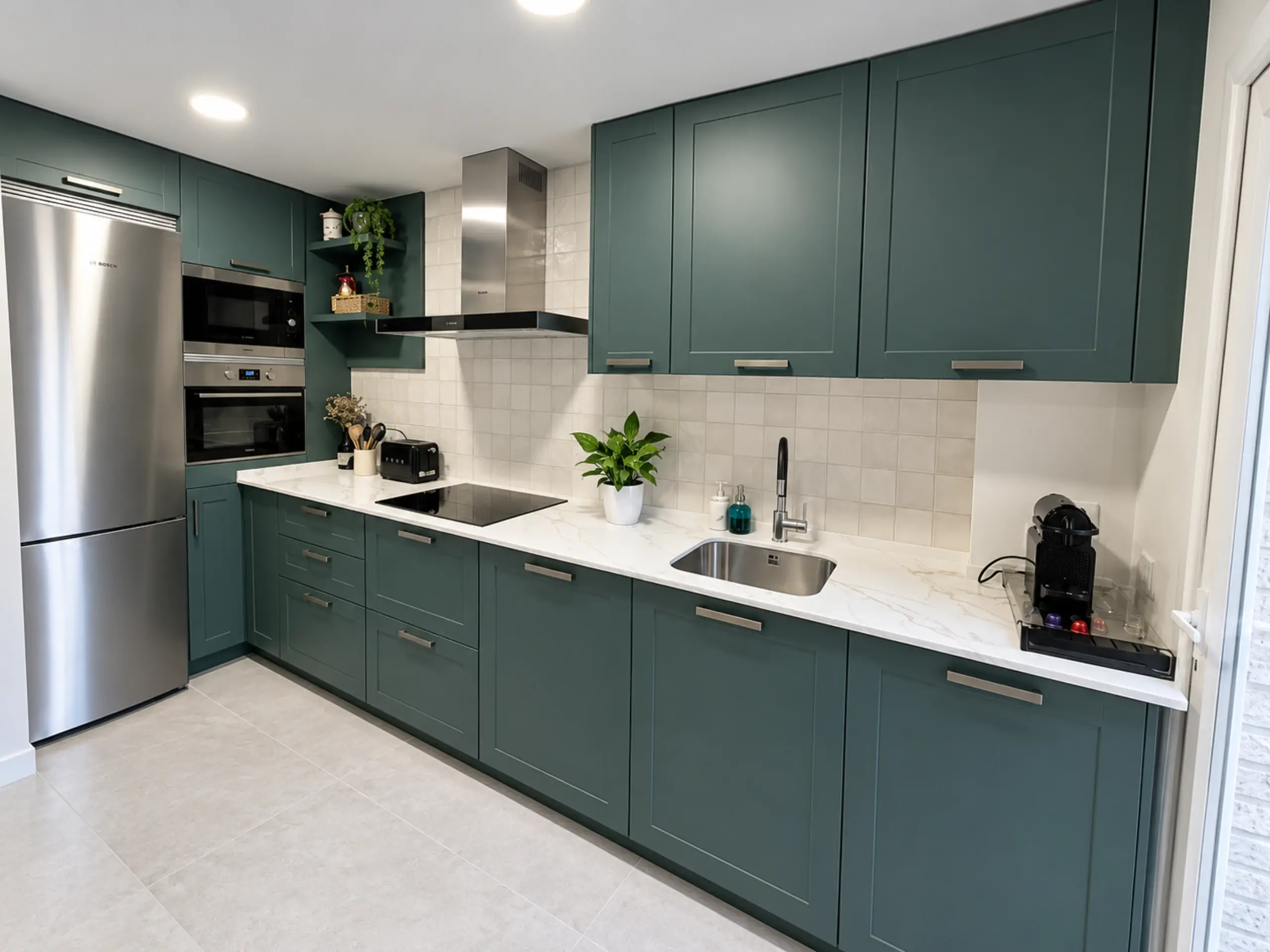 Cocina con frentes verdes, encimera blanca, frigorífico de acero y campana sobre la placa